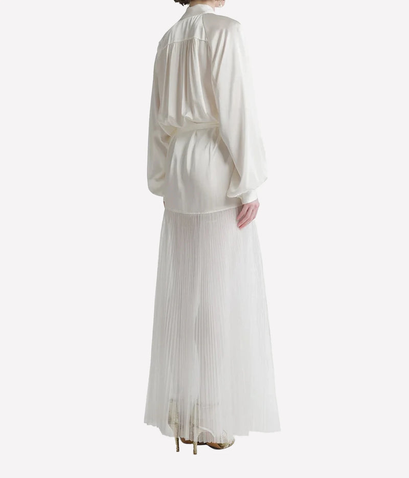 Angled back view of the Forte Forte silk satin and plissé tulle dress in Diamond, showing the pleated tulle skirt.