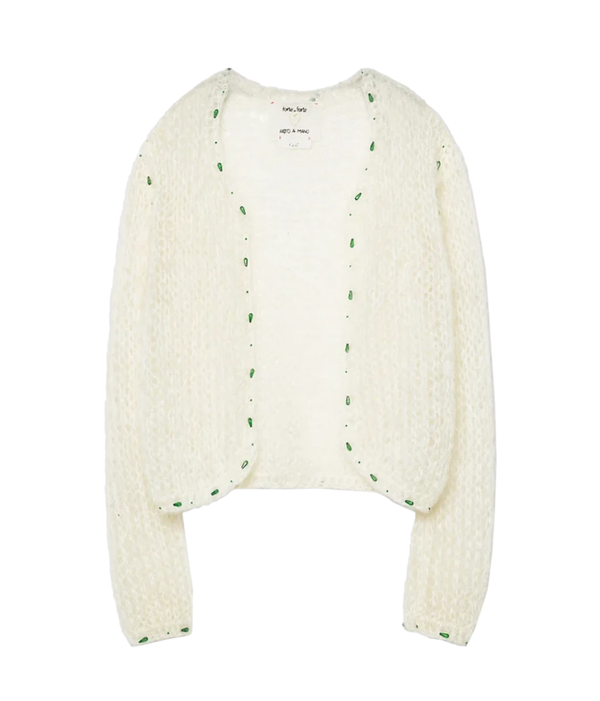 Front product view of the Forte Forte handmade mohair cardigan in Jewel Ivory, showing the openwork knit and beaded trims.