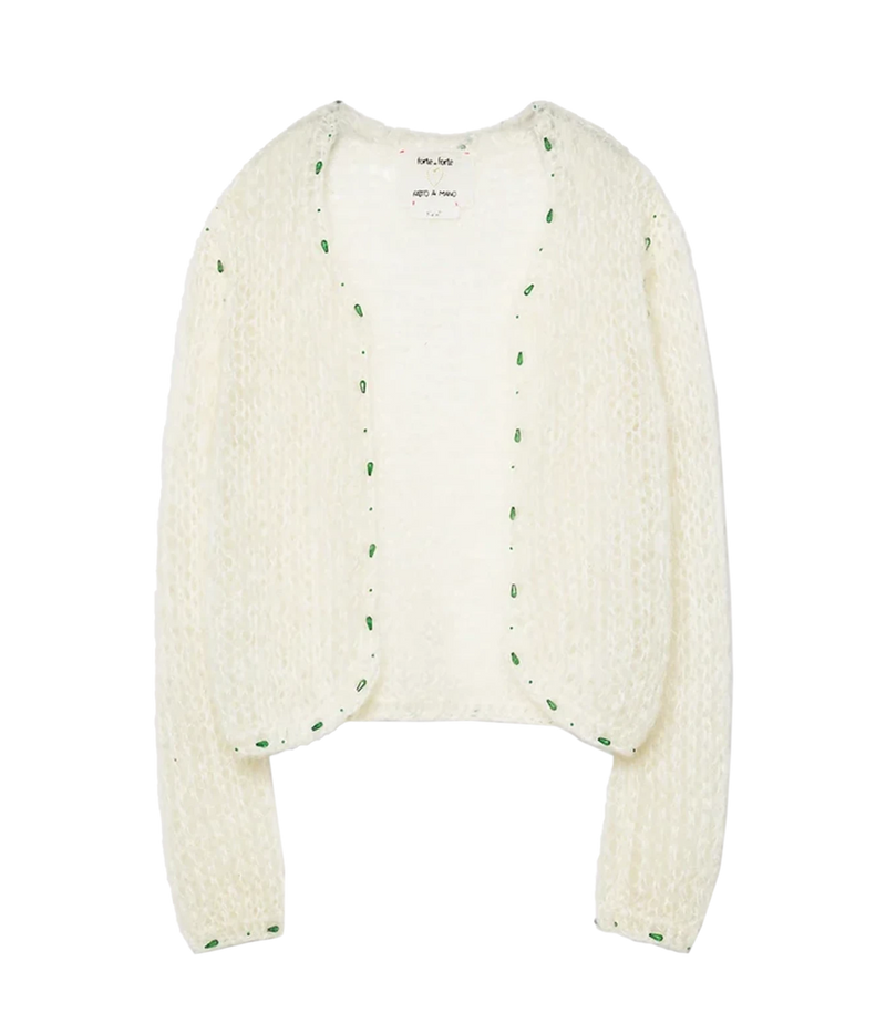 Front product view of the Forte Forte handmade mohair cardigan in Jewel Ivory, showing the openwork knit and beaded trims.