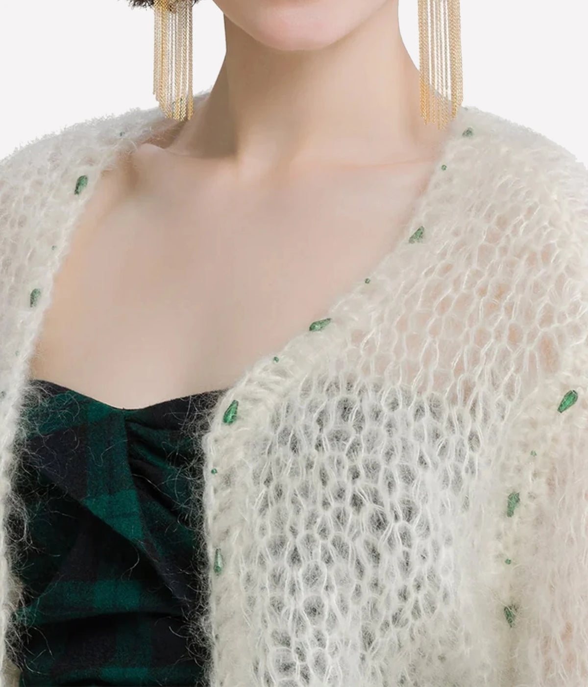 Close-up of the Forte Forte mohair cardigan in Jewel Ivory showing the beaded crochet trim and openwork knit.