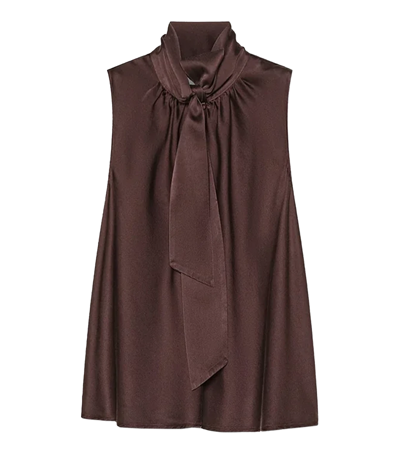 Front product view of the Forte Forte silk satin sash top in Fondant, a sleeveless brown top with a long tie at the neck.