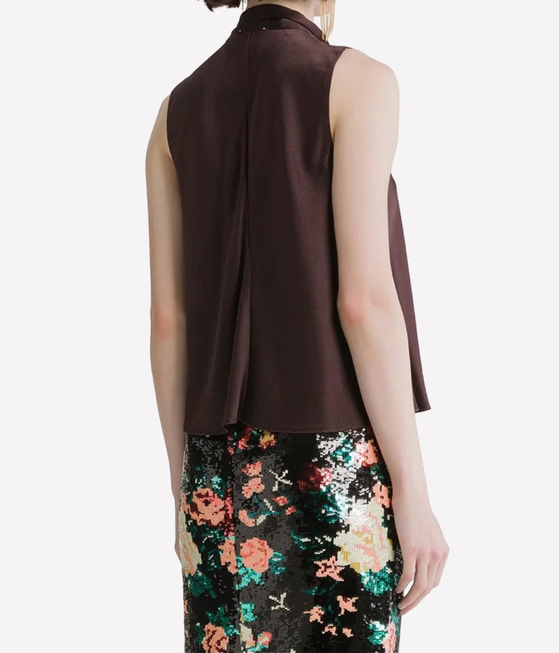 Angled back view of the Forte Forte silk satin sash top in Fondant, showing the inverted back pleat and loose shape.