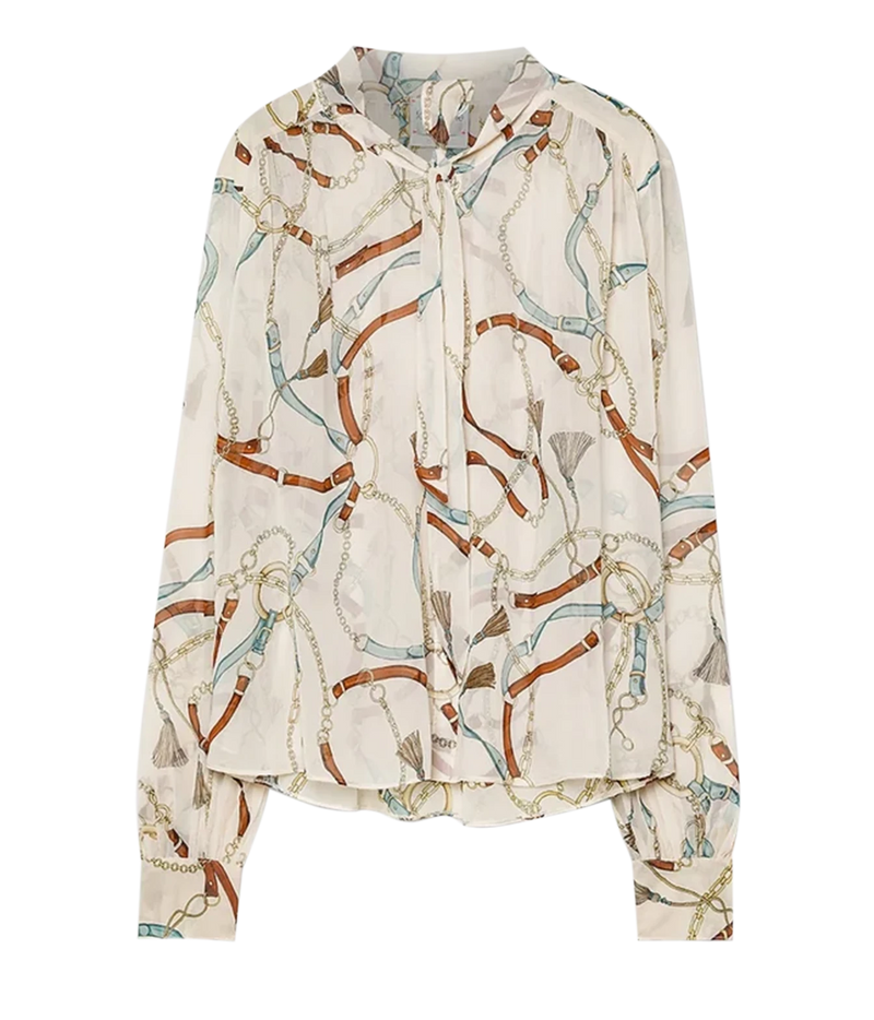 Front product view of the Forte Forte crown print georgette silk shirt in Ivory, with a placed print of straps, chains and coloured ribbons.