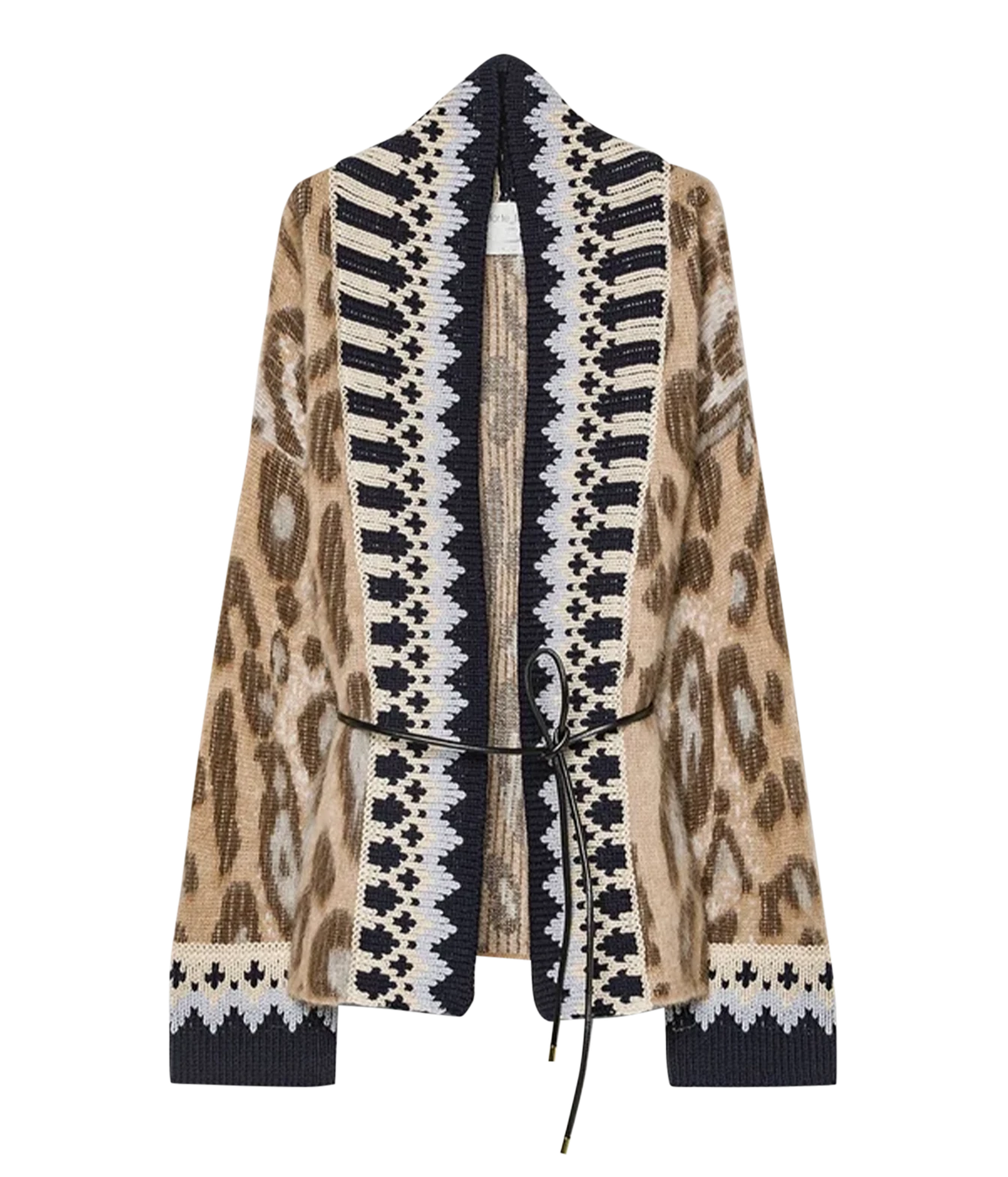Front product view of the Forte Forte Brit Leopard jacquard alpaca cardigan in Gold, with black and cream fair isle trims and a tie belt.