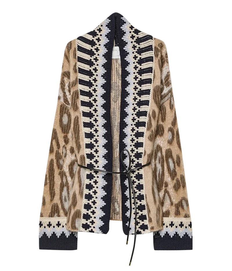 Front product view of the Forte Forte Brit Leopard jacquard alpaca cardigan in Gold, with black and cream fair isle trims and a tie belt.