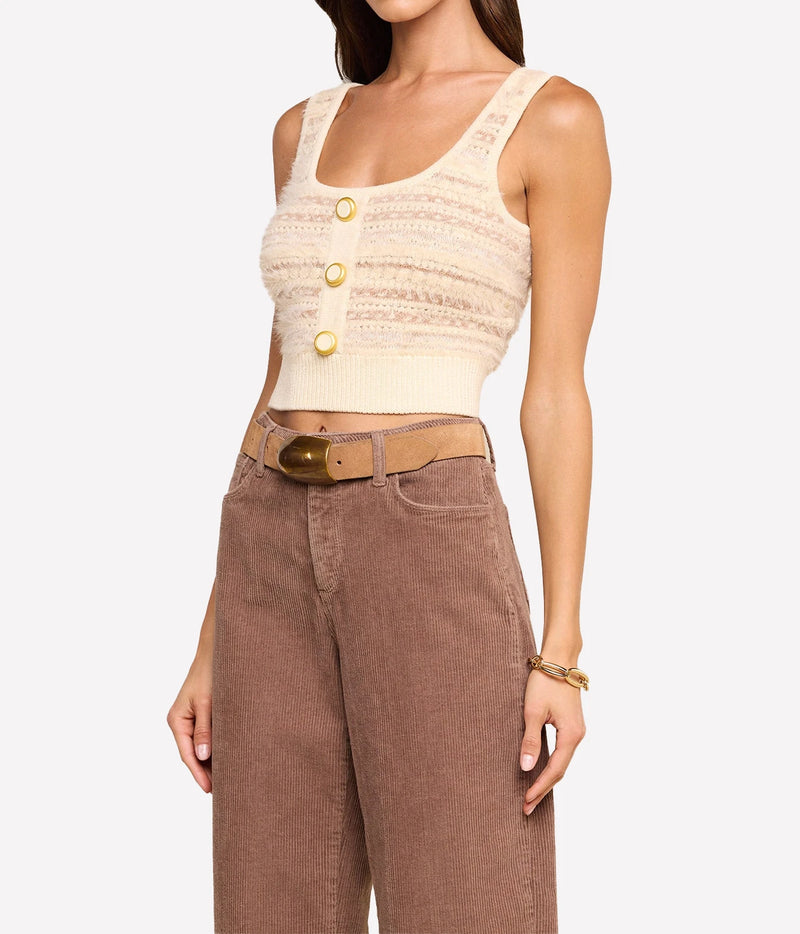 Lagence Galene Mixed Stitch Tank In Ecru Natural Multi - model close up side shot with tank and brown cord pants