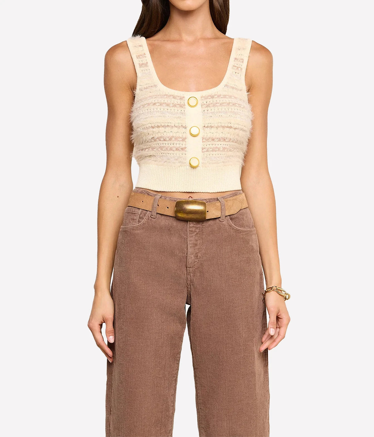 Lagence Galene Mixed Stitch Tank In Ecru Natural Multi - model close up front shot with tank and brown cord pants