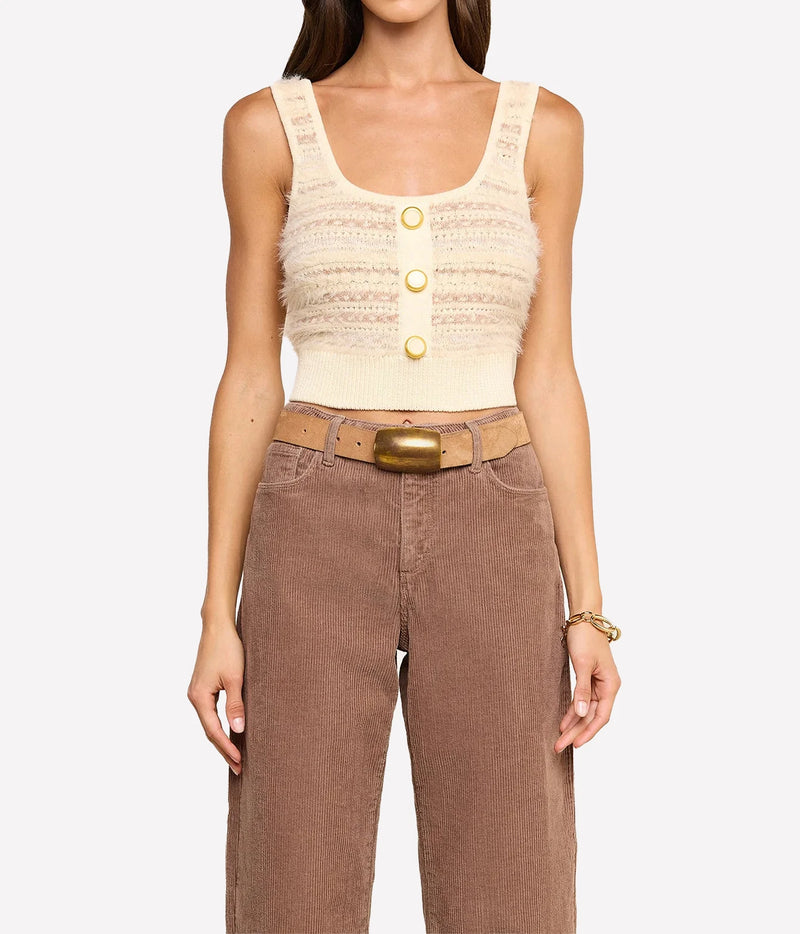Lagence Galene Mixed Stitch Tank In Ecru Natural Multi - model close up front shot with tank and brown cord pants