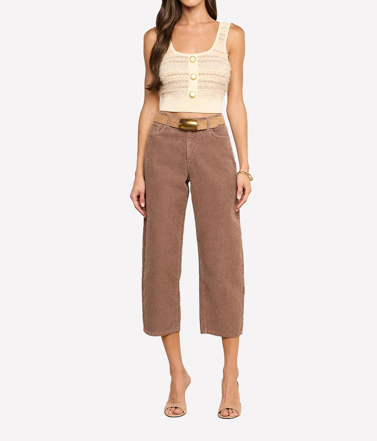 Lagence Galene Mixed Stitch Tank In Ecru Natural Multi - model full body shot with tank and brown cord pants