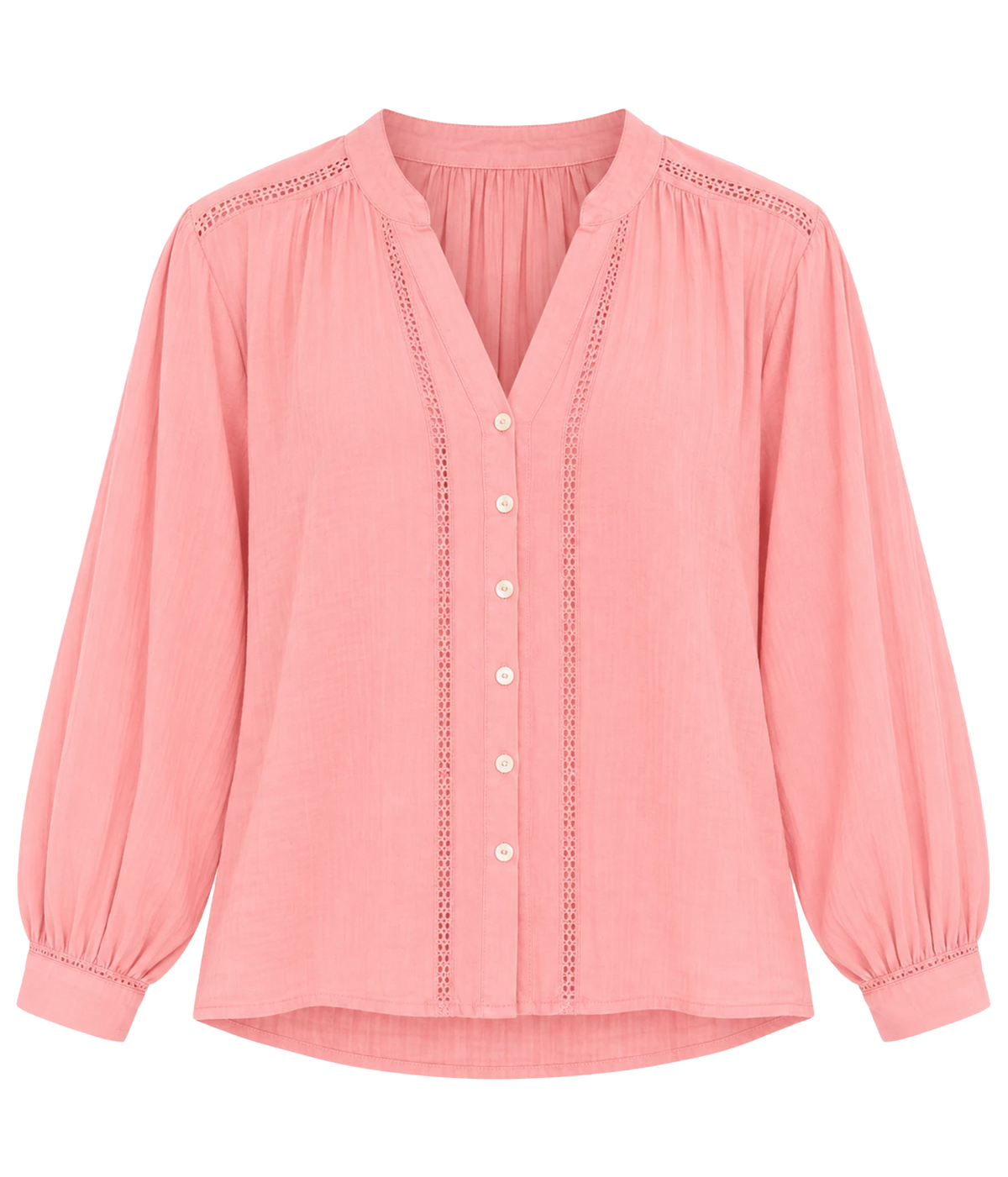 A pink long-sleeve blouse with a V-neckline, decorative eyelet trim, and a button-up front, shown on a plain white background.