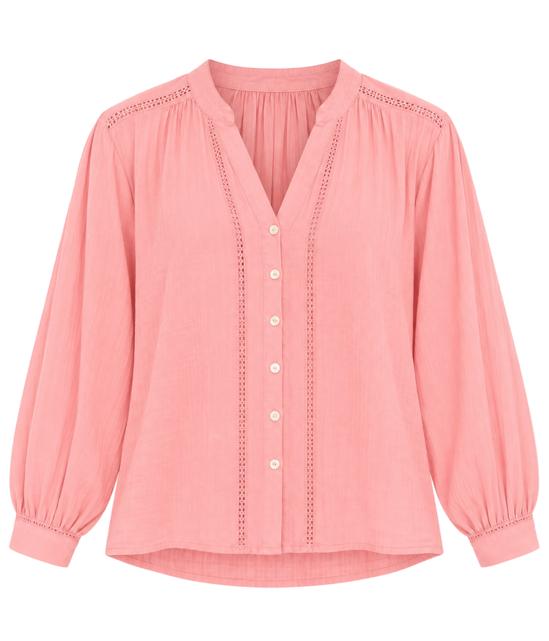 A pink long-sleeve blouse with a V-neckline, decorative eyelet trim, and a button-up front, shown on a plain white background.