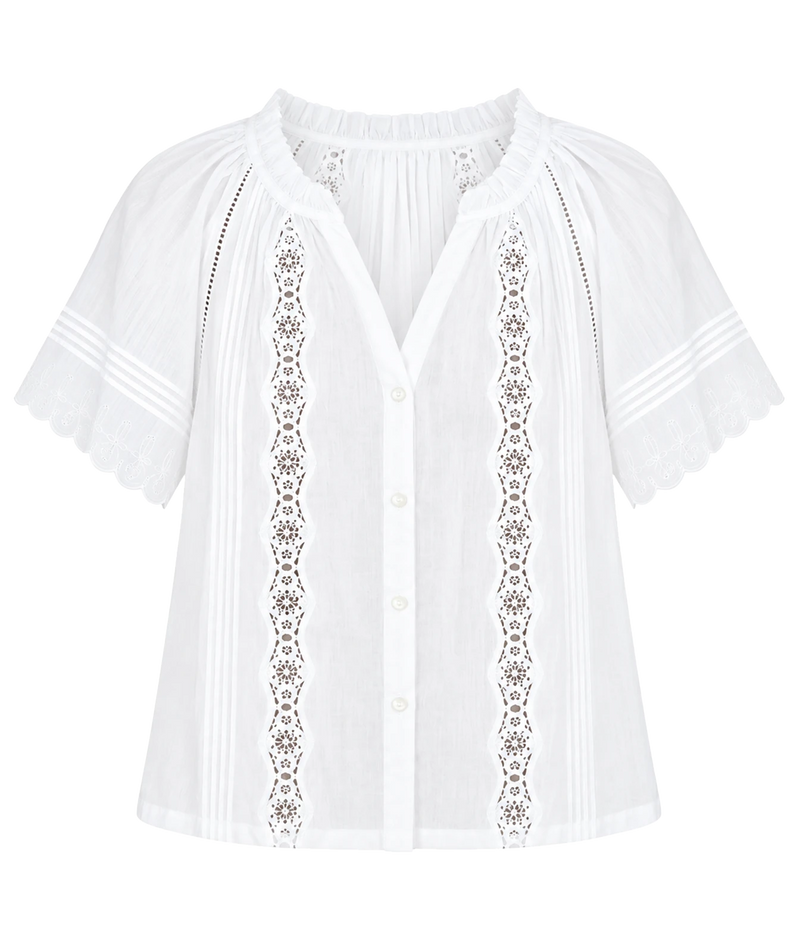 xirena Bianca Shirt in WHITE - flat lay image of a white blouse with eyelet detailing and frill collar and scalloped arms