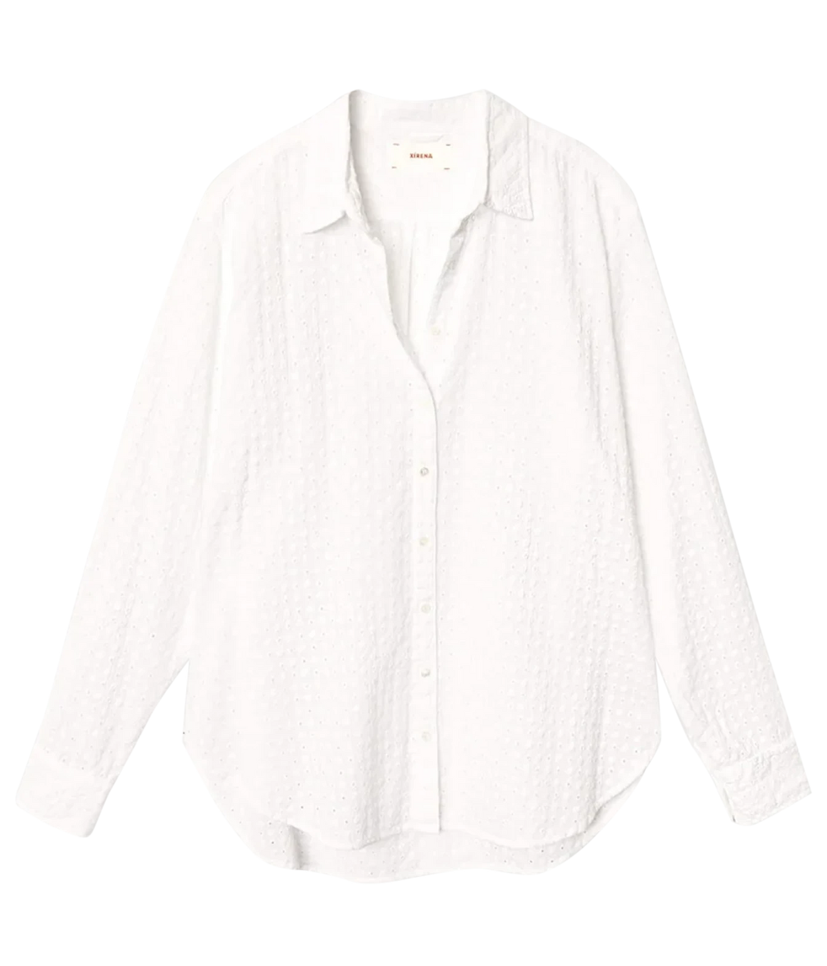 A white long-sleeve button-up shirt with a textured, eyelet-like woven pattern, laid flat against a solid white background.