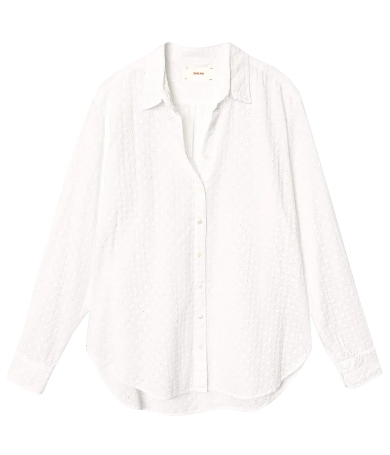 A white long-sleeve button-up shirt with a textured, eyelet-like woven pattern, laid flat against a solid white background.