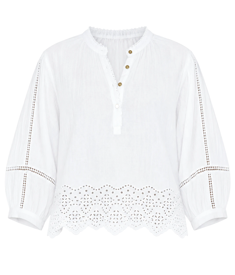 Xirena White Roxanna blouse with a band collar, button placket, ladder lace detailing and scalloped eyelet embroidery along the hem.