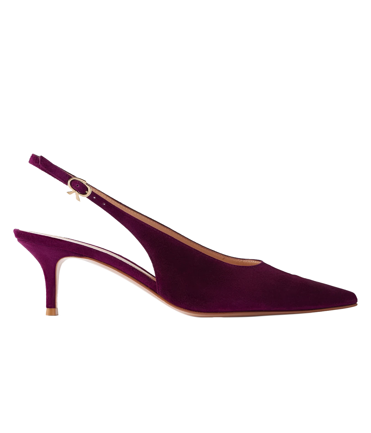 Side profile of the Gianvito Rossi Robbie Sling 55 in Bourgogne, showing the burgundy suede pointed toe, buckled slingback strap and slim kitten heel