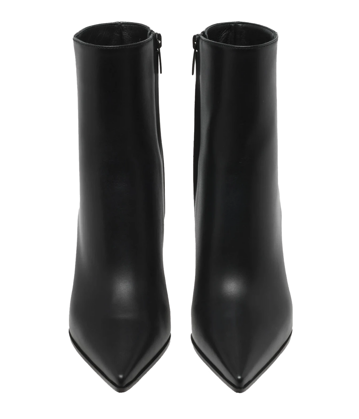 Front view of a pair of Gianvito Rossi Keinna Bootie in Black Smooth, showing the elongated pointed toes and clean ankle shaft