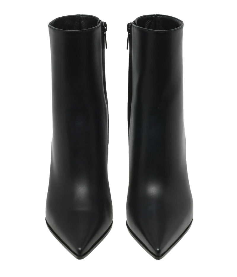 Front view of a pair of Gianvito Rossi Keinna Bootie in Black Smooth, showing the elongated pointed toes and clean ankle shaft
