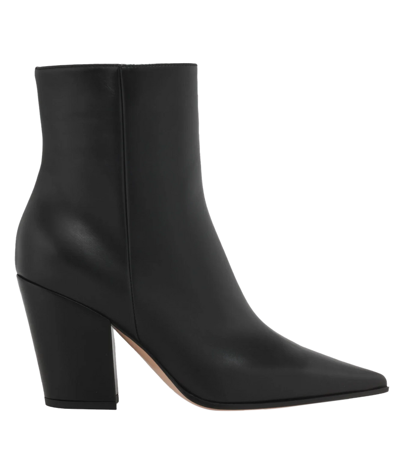 Gianvito Rossi Keinna Bootie in Black Smooth angled from the side, showing the smooth black leather, sharp pointed toe and angled block heel