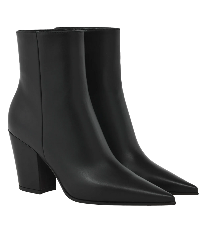 Pair of Gianvito Rossi Keinna Bootie in Black Smooth, showing the pointed toes, ankle-height shaft and block heels