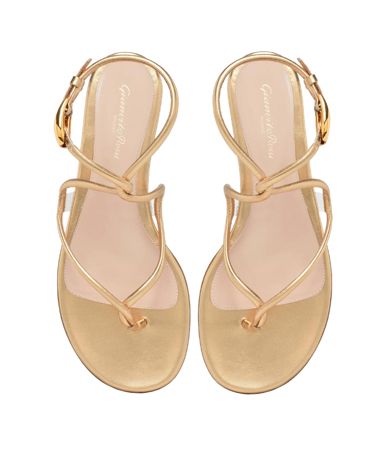 Pair of Gianvito Rossi Jungle Mamba Flat in Mekong from above, showing the toe-post thong straps, gold metallic finish and nude leather footbeds