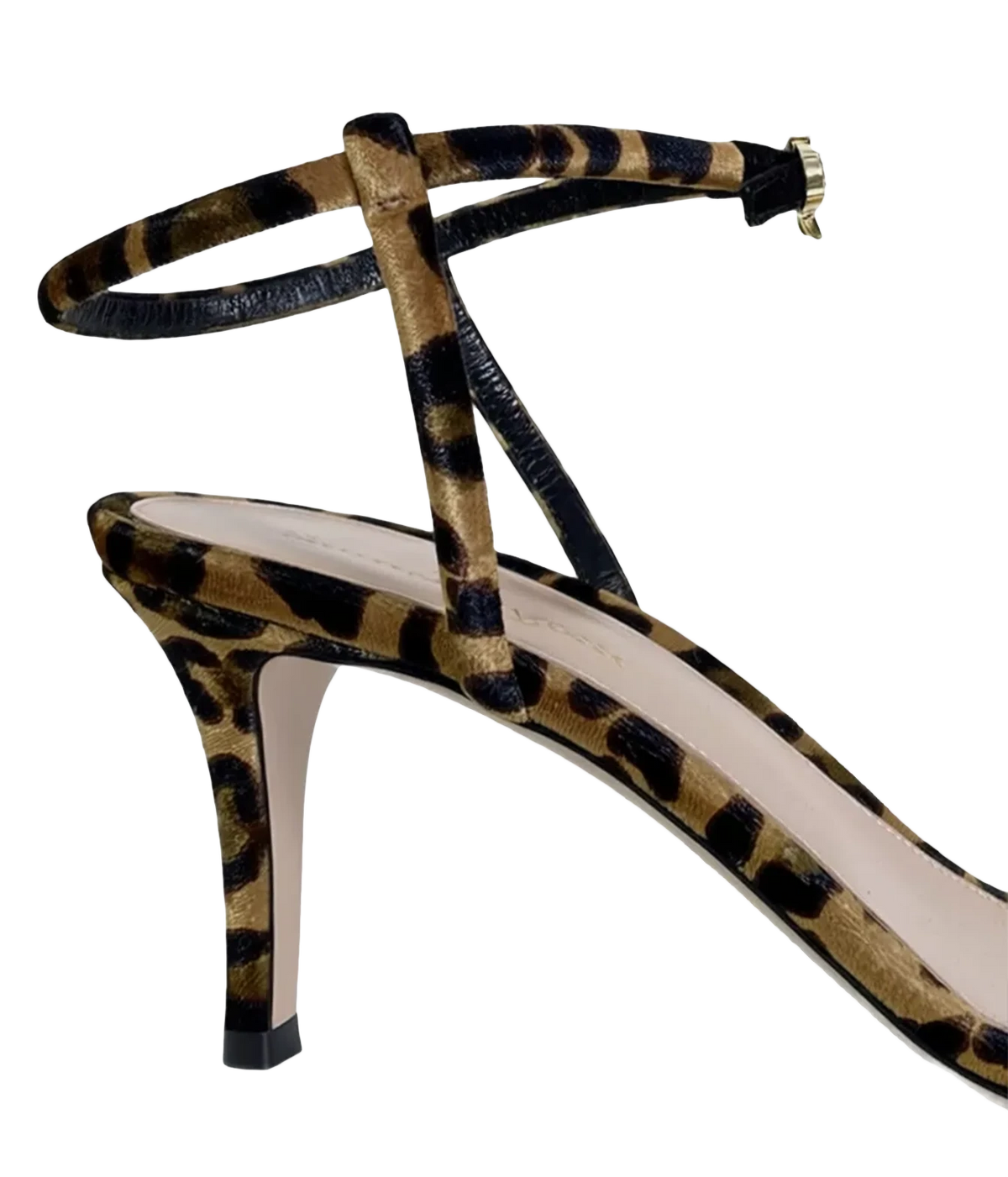 Gianvito Rossi Mayfair Sandal in Leopard Print shown from the back, showing the buckled black ankle strap and leopard-print heel
