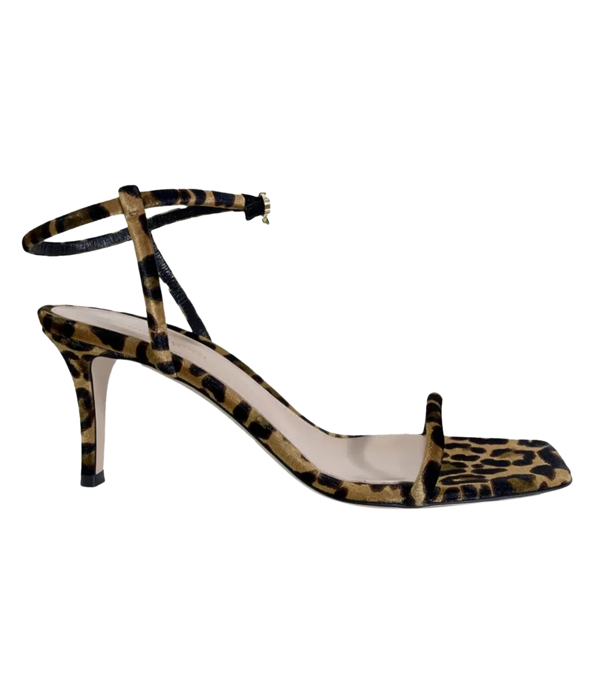 Side profile of the Gianvito Rossi Mayfair Sandal in Leopard Print, showing the leopard-print upper with a black ankle strap, square toe and slim mid-height heel