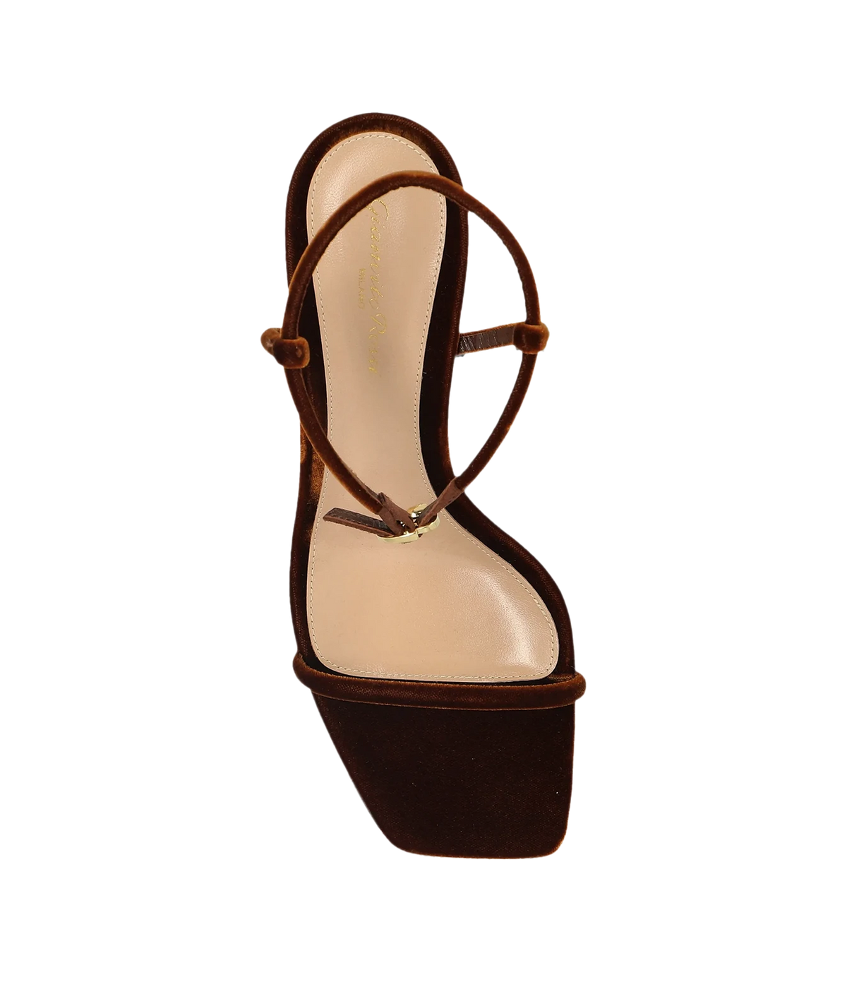Top-down view of the Gianvito Rossi Mayfair Sandal in Brown, showing the square toe, thin toe strap and nude leather footbed