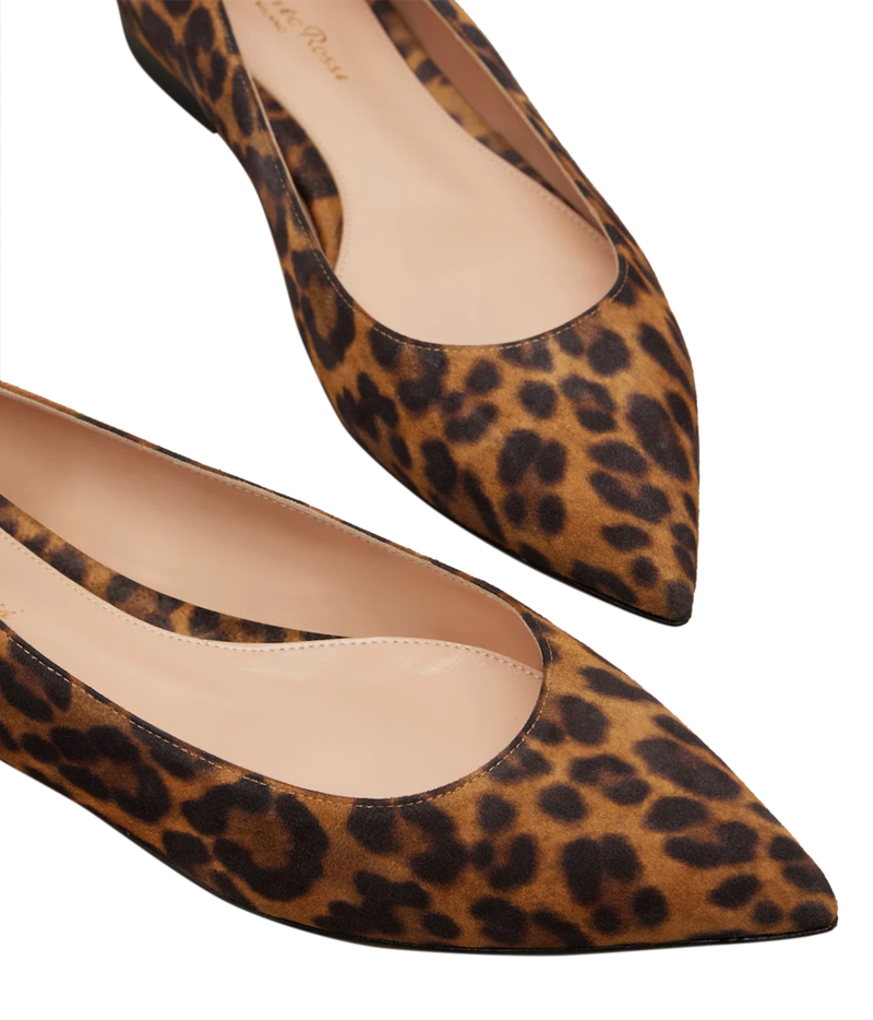Close-up of the Gianvito Rossi Gianvito Flat in Suede Leopard from above, showing the leopard-print suede, pointed toes and nude leather lining