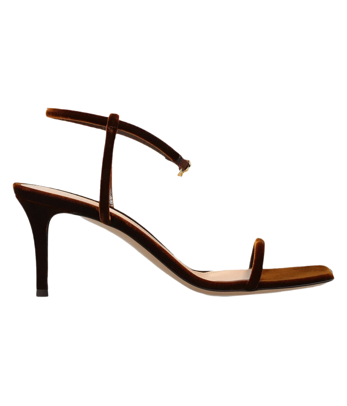 Side profile of the Gianvito Rossi Mayfair Sandal in Brown, showing the thin ankle strap, single toe strap, square toe and slim mid-height heel
