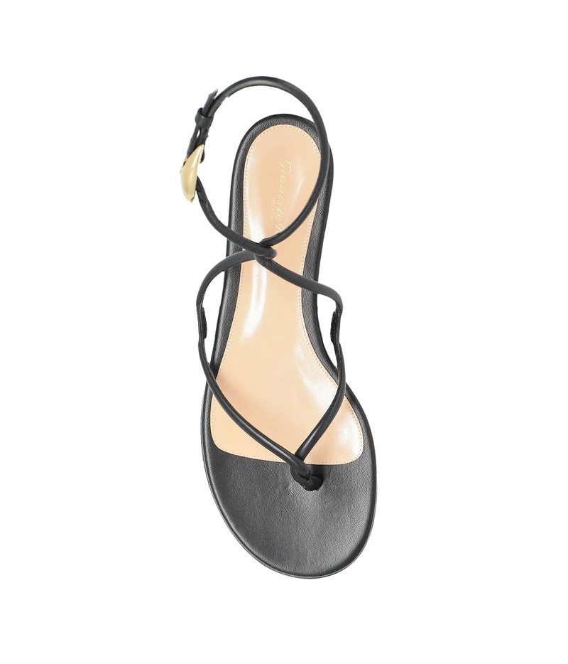 Top-down view of the Gianvito Rossi Jungle Mamba Flat in Black, showing the toe-post thong, crisscross black straps and gold buckle