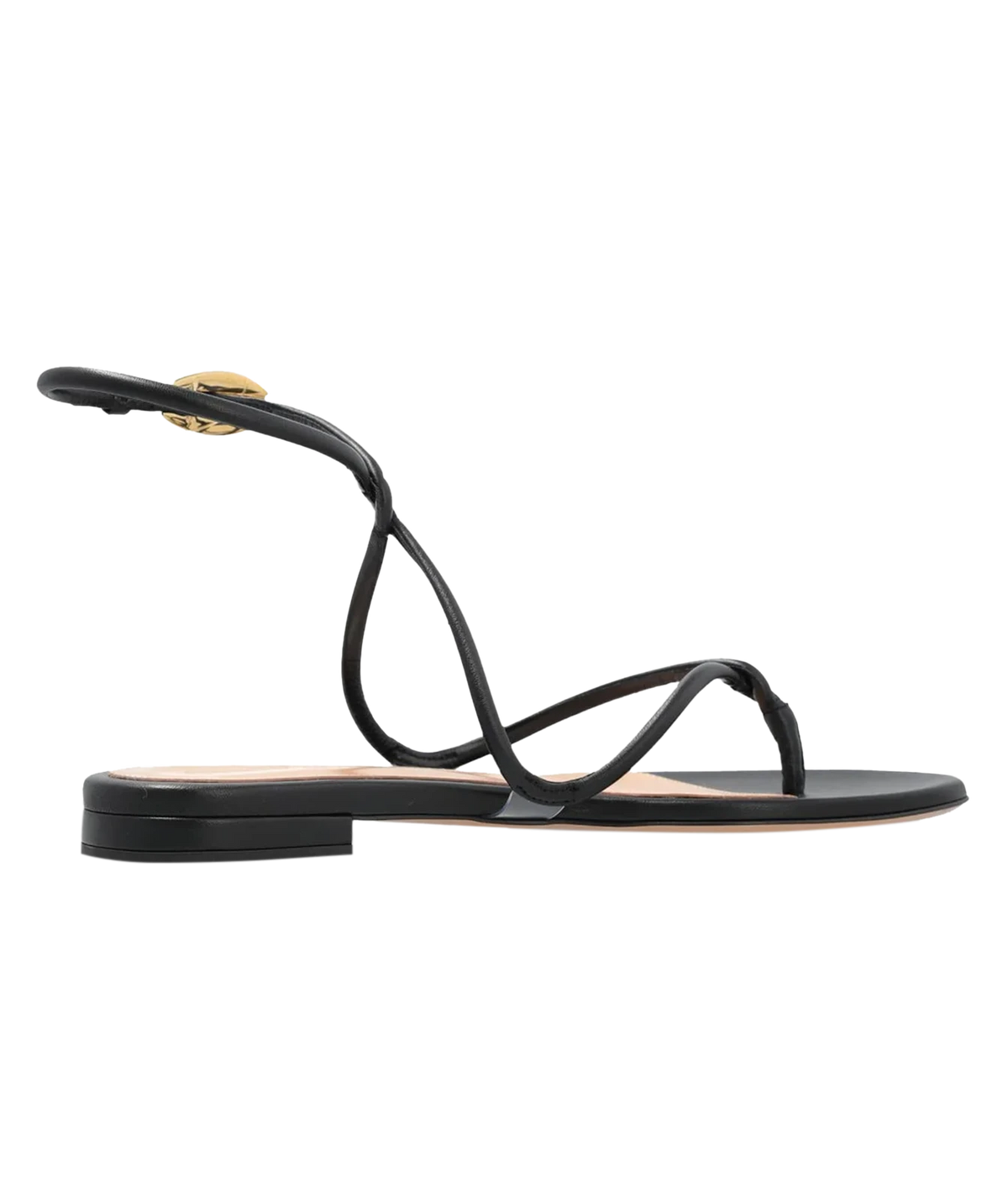 Outer side view of the Gianvito Rossi Jungle Mamba Flat in Black, showing the gold ankle buckle and black leather sole