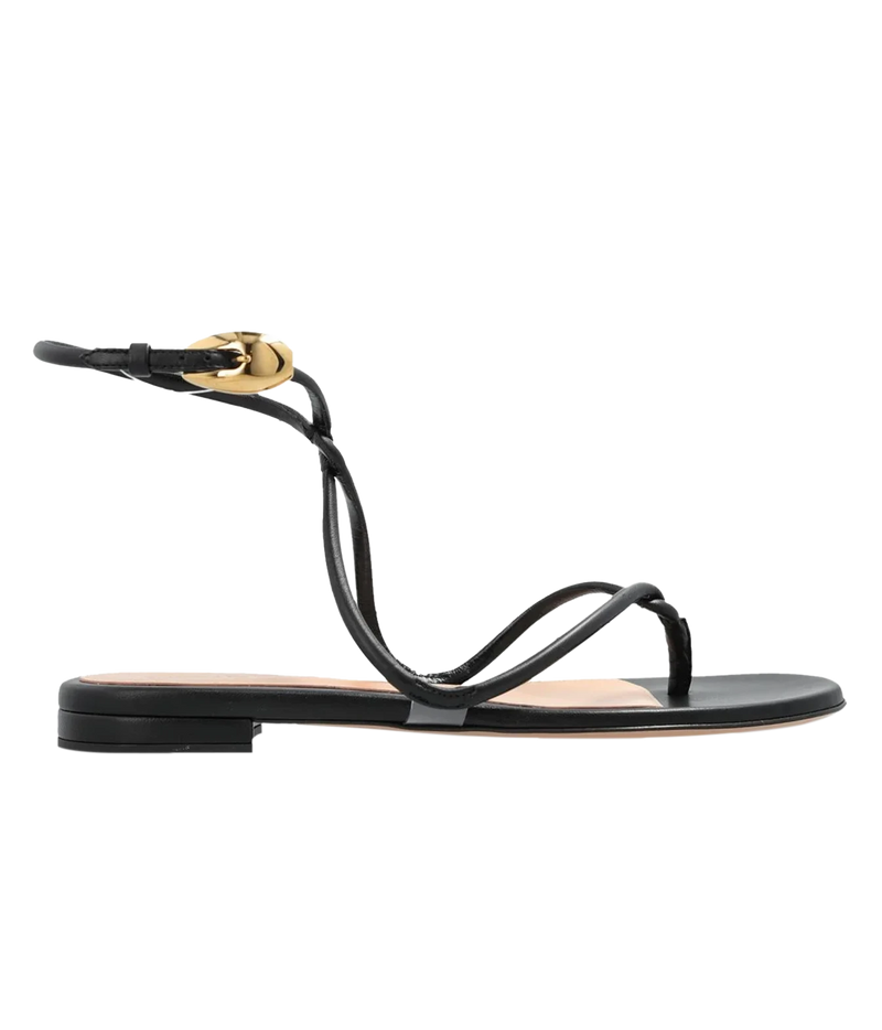 Side profile of the Gianvito Rossi Jungle Mamba Flat in Black, showing the black leather straps wrapping up to the ankle with a gold buckle and a low heel