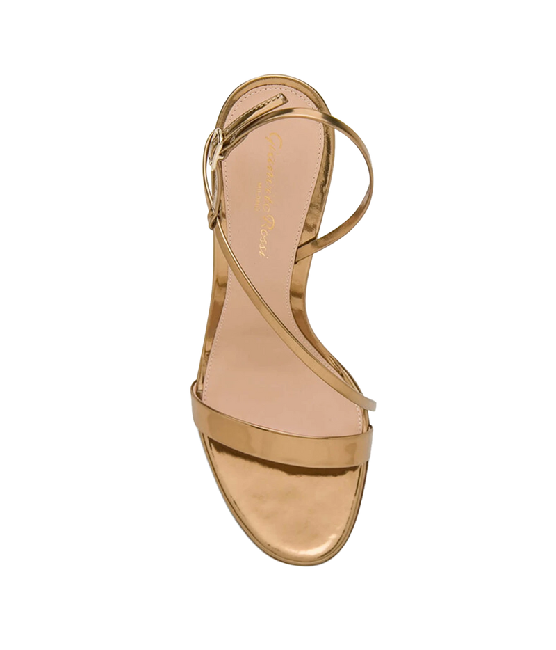Top-down view of the Gianvito Rossi Manhattan 70 Metal in Mekong, showing the open toe, crisscross gold metallic straps and nude leather footbed