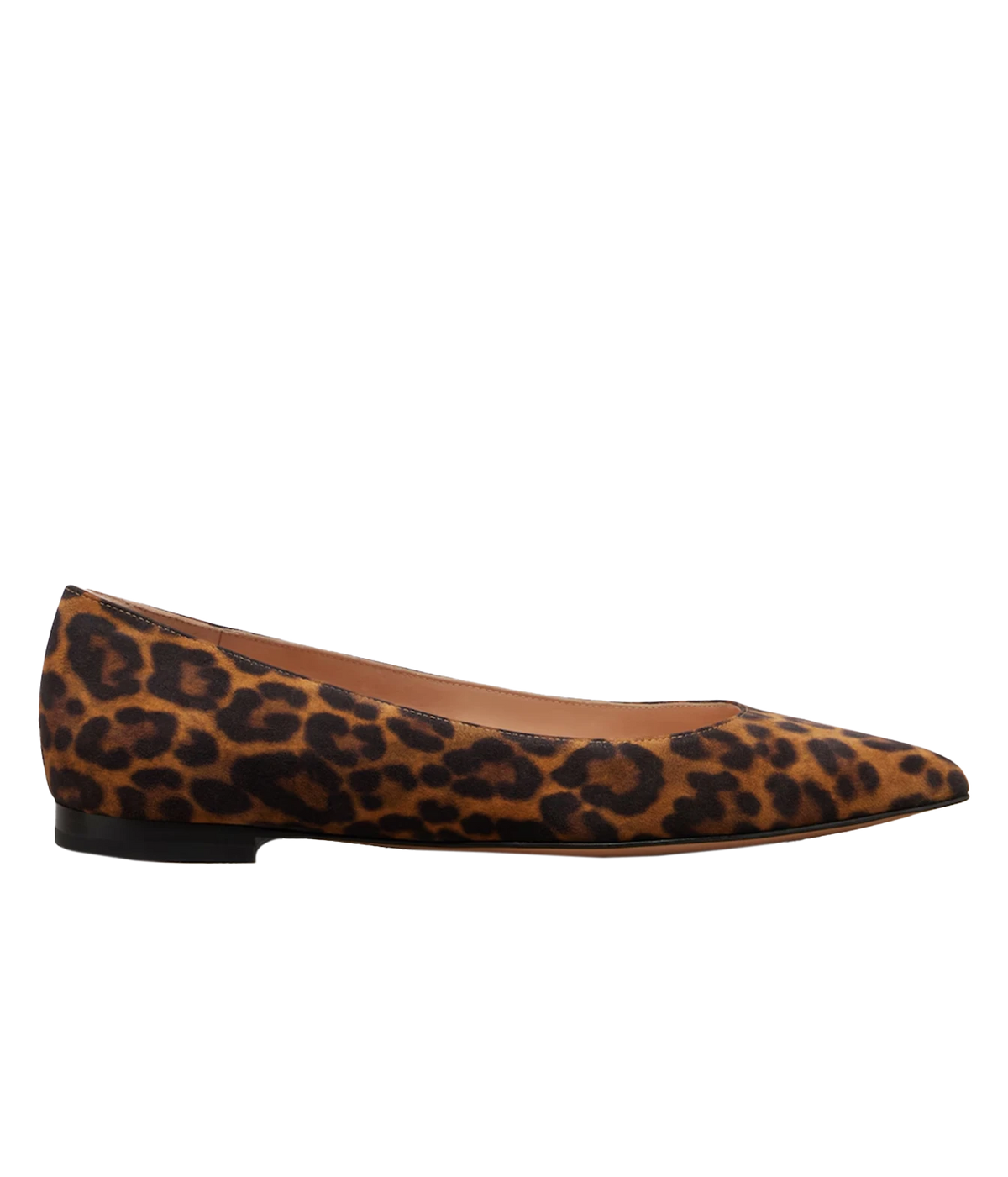 Side profile of the Gianvito Rossi Gianvito Flat in Suede Leopard, showing the pointed toe, low-cut topline and slim black leather sole