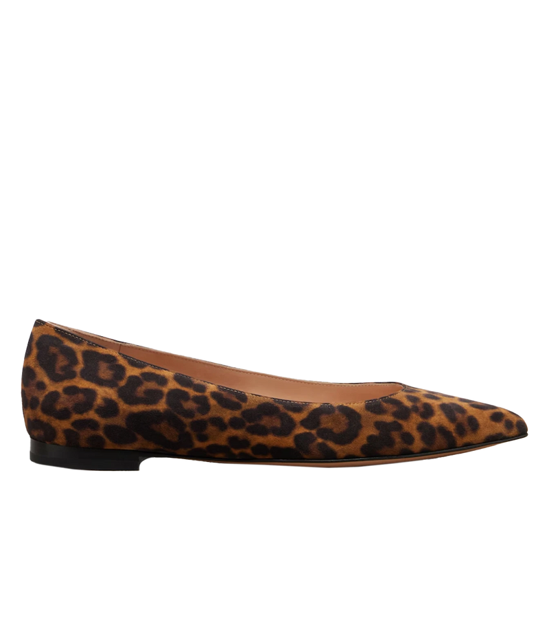 Side profile of the Gianvito Rossi Gianvito Flat in Suede Leopard, showing the pointed toe, low-cut topline and slim black leather sole