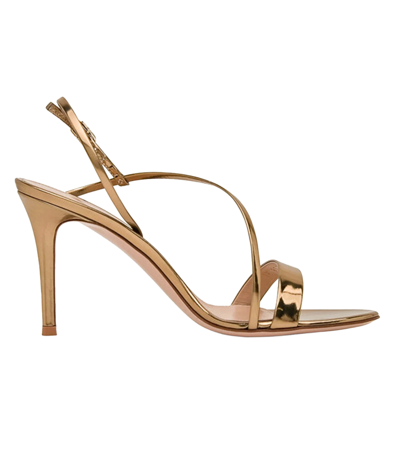 Side profile of the Gianvito Rossi Manhattan 70 Metal in Mekong, showing the gold metallic crossover straps, slingback strap and slim stiletto heel