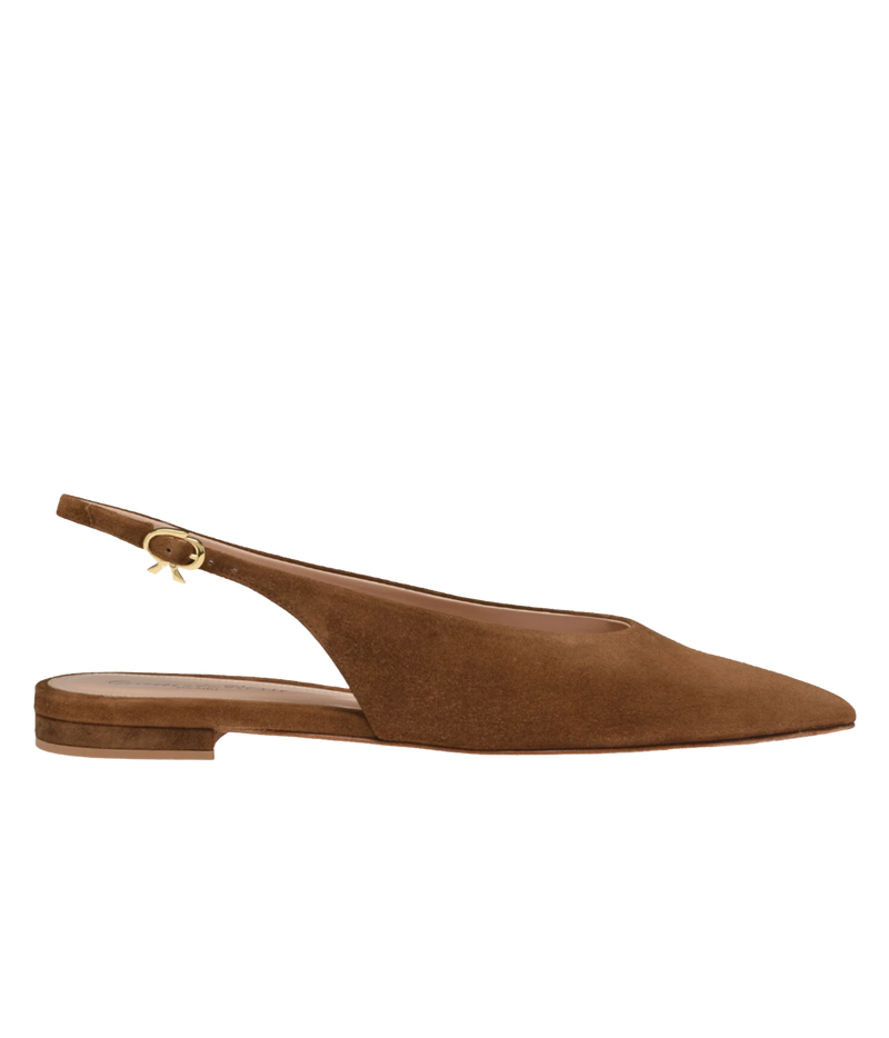 Side profile of the Gianvito Rossi Robbie 05 Slingback in Texas, showing the tan suede pointed toe, gold-buckle slingback strap and low flat heel