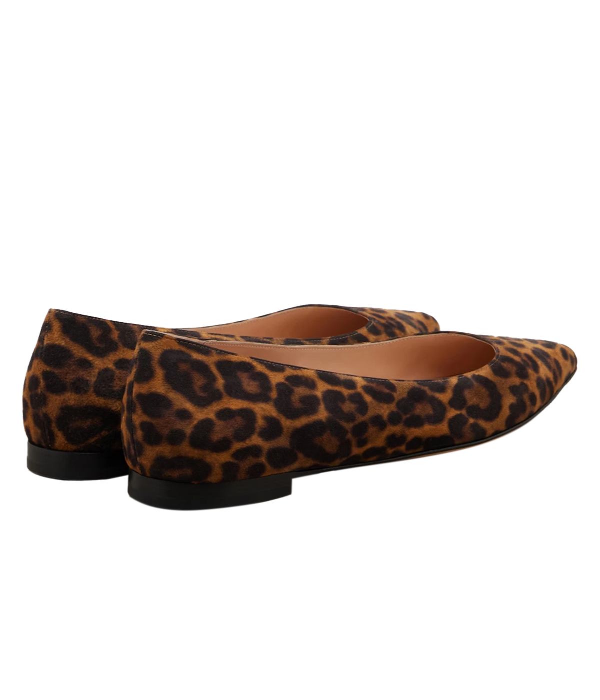 Pair of Gianvito Rossi Gianvito Flat in Suede Leopard shown from the rear three-quarter angle, showing the low black heel and leopard-print suede upper