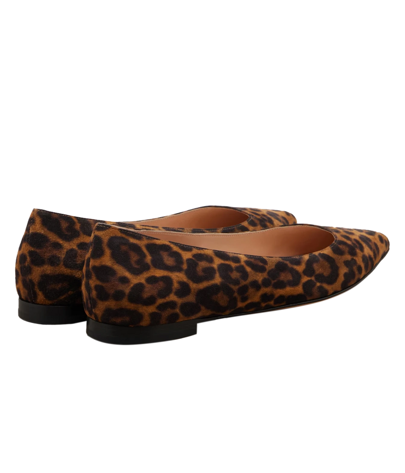 Pair of Gianvito Rossi Gianvito Flat in Suede Leopard shown from the rear three-quarter angle, showing the low black heel and leopard-print suede upper