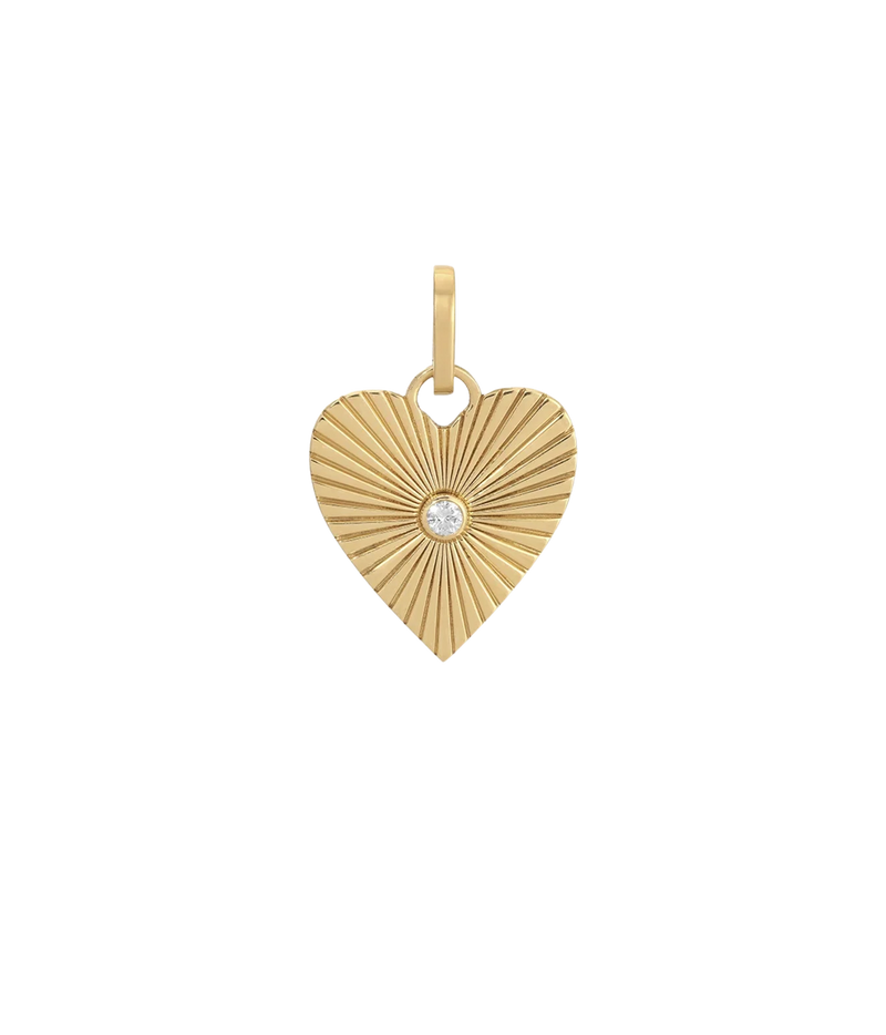 Adina Reyter Groovy Diamond Heart Rays Hinged Charm in 14K Yellow Gold, a ridged gold heart with lines radiating from a central diamond and a hinged bail