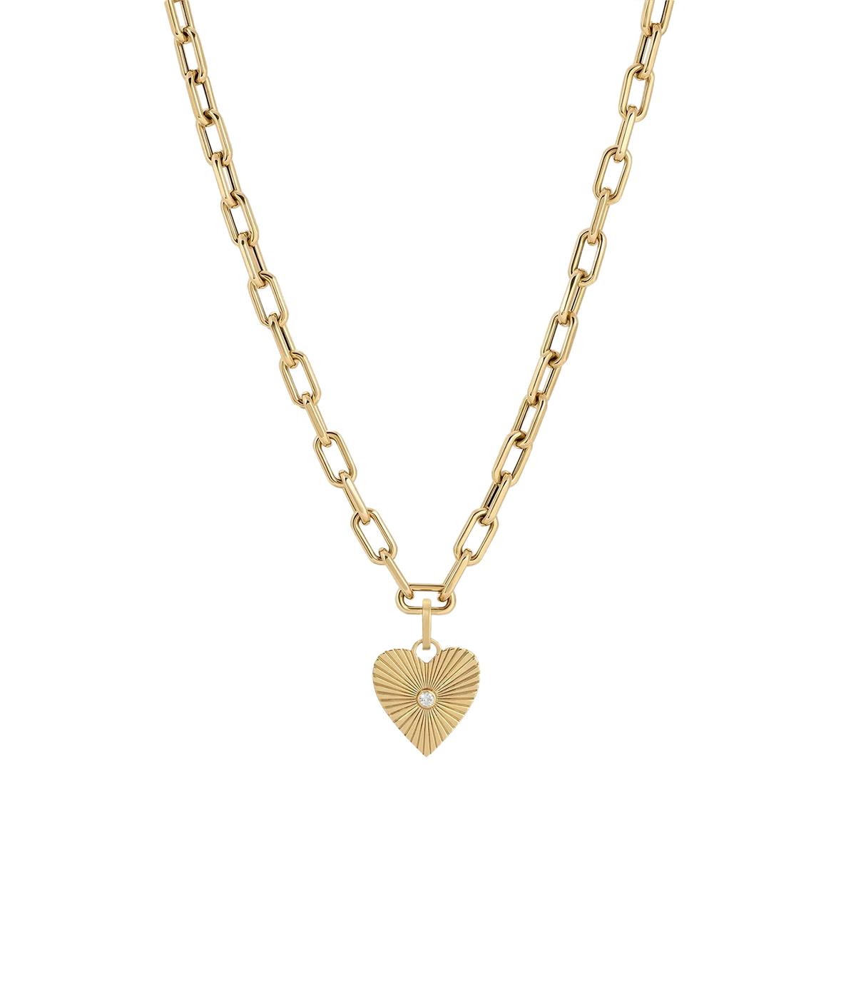 Adina Reyter Groovy Diamond Heart Rays Hinged Charm in 14K Yellow Gold on a bold gold paperclip chain