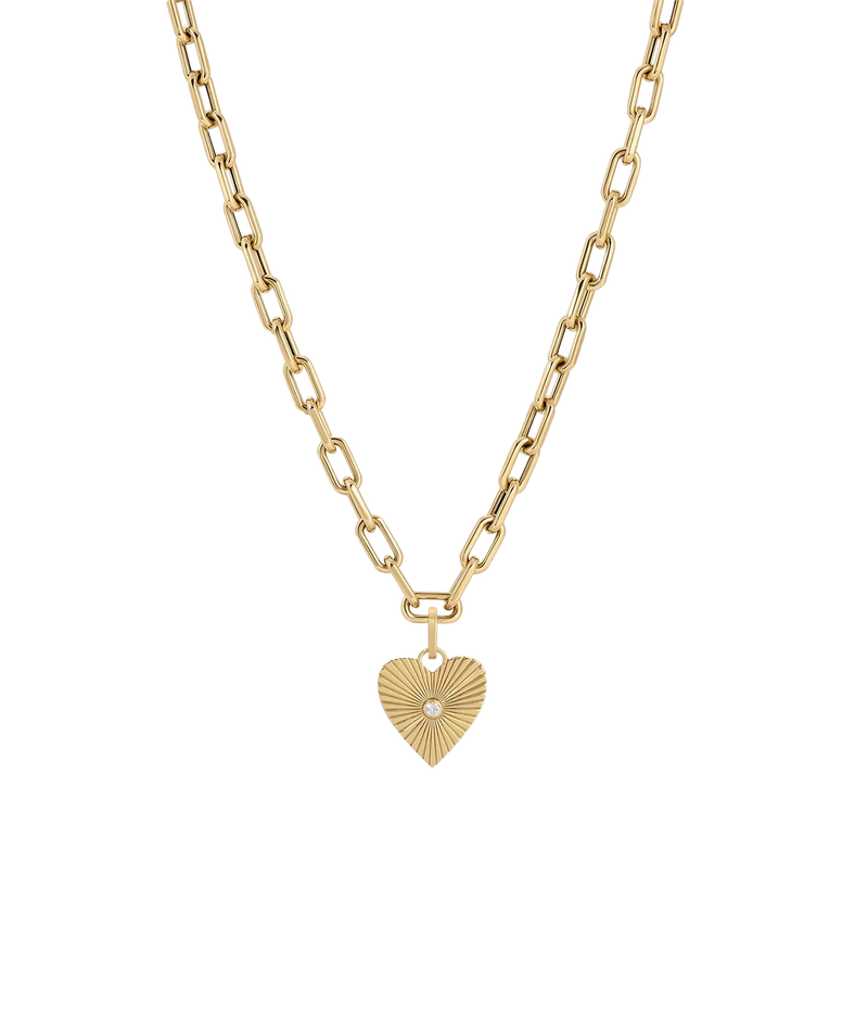 Adina Reyter Groovy Diamond Heart Rays Hinged Charm in 14K Yellow Gold on a bold gold paperclip chain