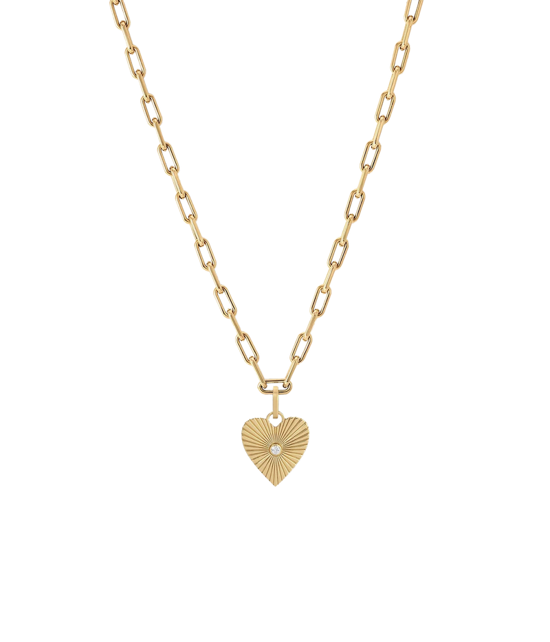 Adina Reyter Groovy Diamond Heart Rays Hinged Charm in 14K Yellow Gold on a slimmer gold paperclip chain