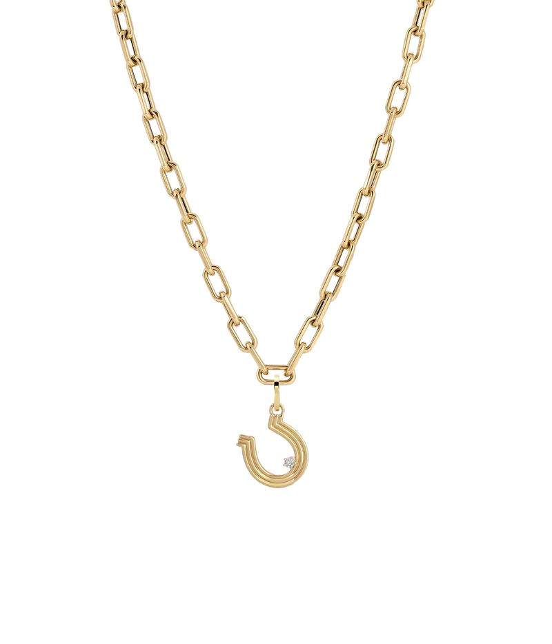 Adina Reyter Groovy Diamond Horseshoe Hinged Charm in 14K Yellow Gold on a bold gold paperclip chain