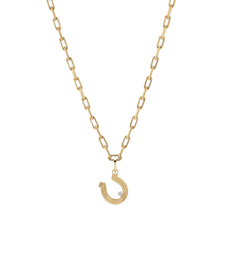 Adina Reyter Groovy Diamond Horseshoe Hinged Charm in 14K Yellow Gold on a slimmer gold paperclip chain