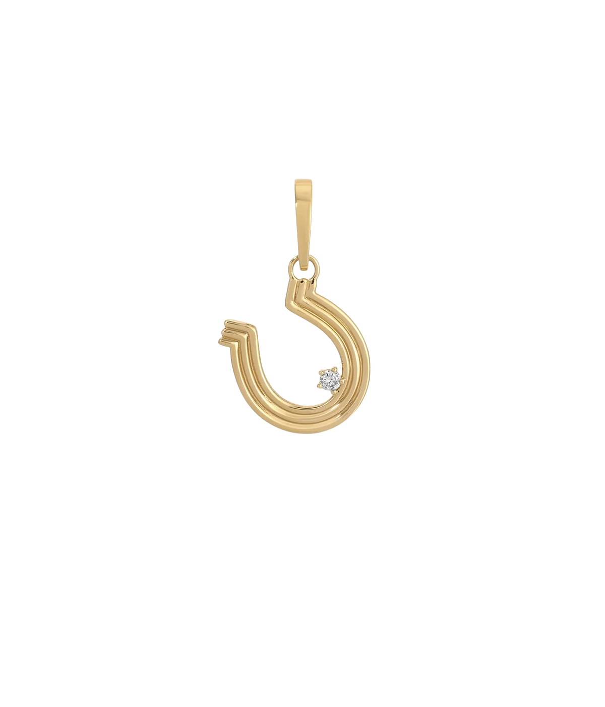 Adina Reyter Groovy Diamond Horseshoe Hinged Charm in 14K Yellow Gold, a ridged gold horseshoe set with a single diamond and a hinged bail