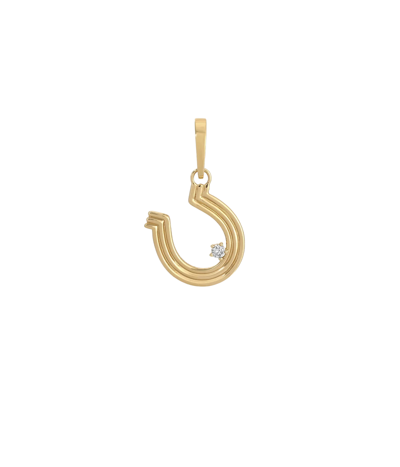 Adina Reyter Groovy Diamond Horseshoe Hinged Charm in 14K Yellow Gold, a ridged gold horseshoe set with a single diamond and a hinged bail