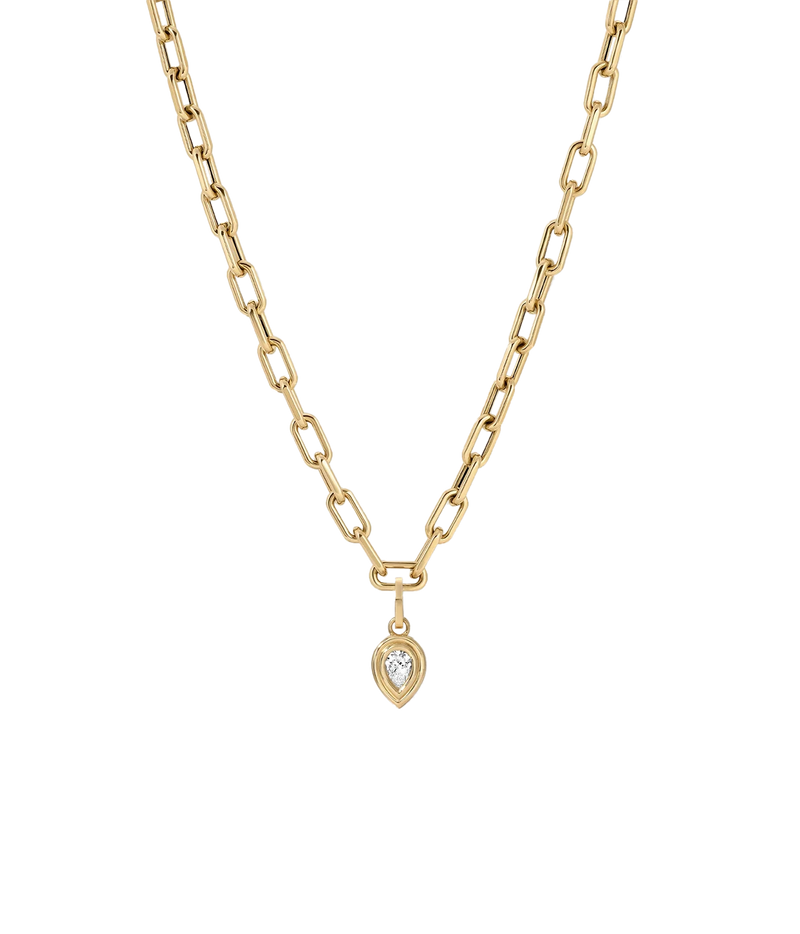 Adina Reyter Groovy Diamond Pear Hinged Charm in 14K Yellow Gold on a bold gold paperclip chain