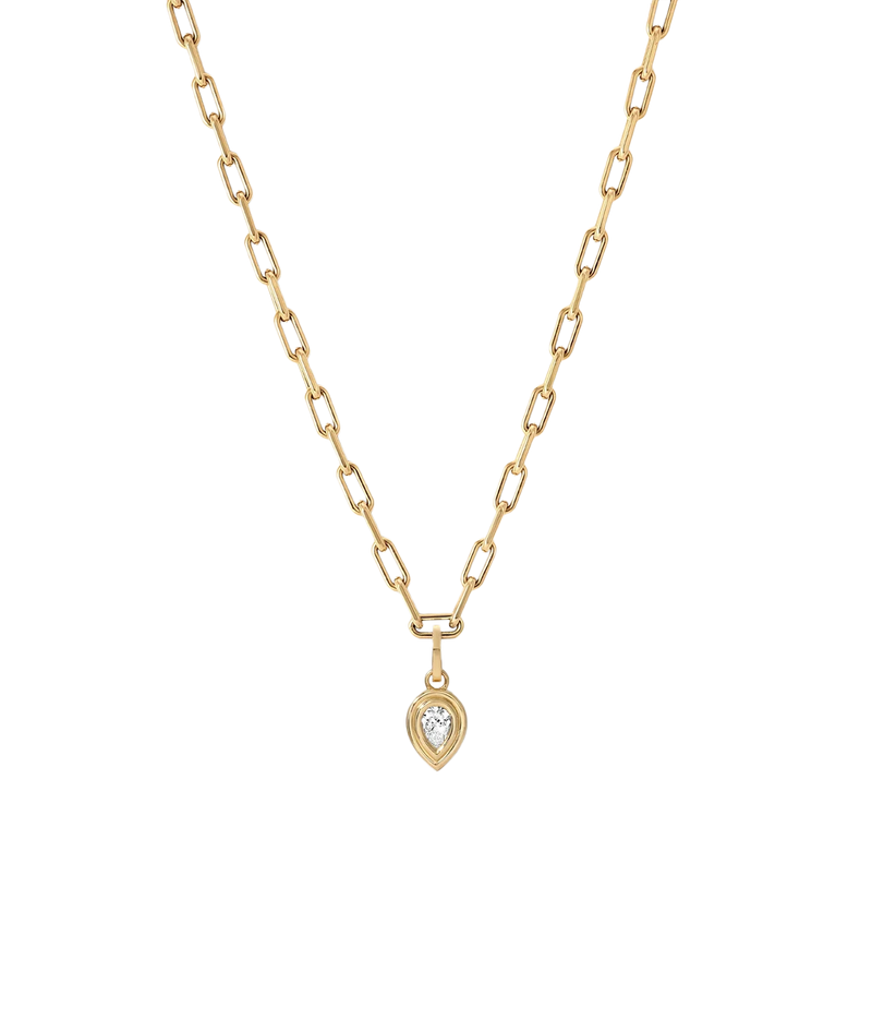 Adina Reyter Groovy Diamond Pear Hinged Charm in 14K Yellow Gold on a slimmer gold paperclip chain